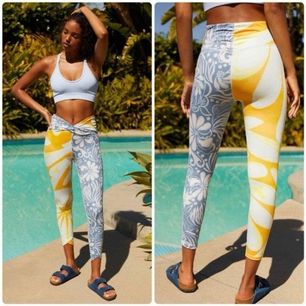 FP Movement by Free People Yellow and Gray Floral Double Take leggings